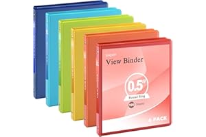 SUQJOY 1/2 inch 3-Ring Binder, 0.5-inch Round Ring Binder with 2 Inside Pockets, Clear View Cover Binders Holds 8.5'' x 11''Paper for Office/Home/School Supply, 6 Pack (Assorted 6 Colors)