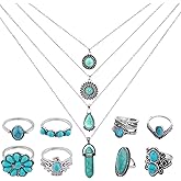 Yeabwps Turquoise Necklace Set - 12pcs Including 4pcs Layered Necklaces & 8pcs Stacking Rings (Silver)