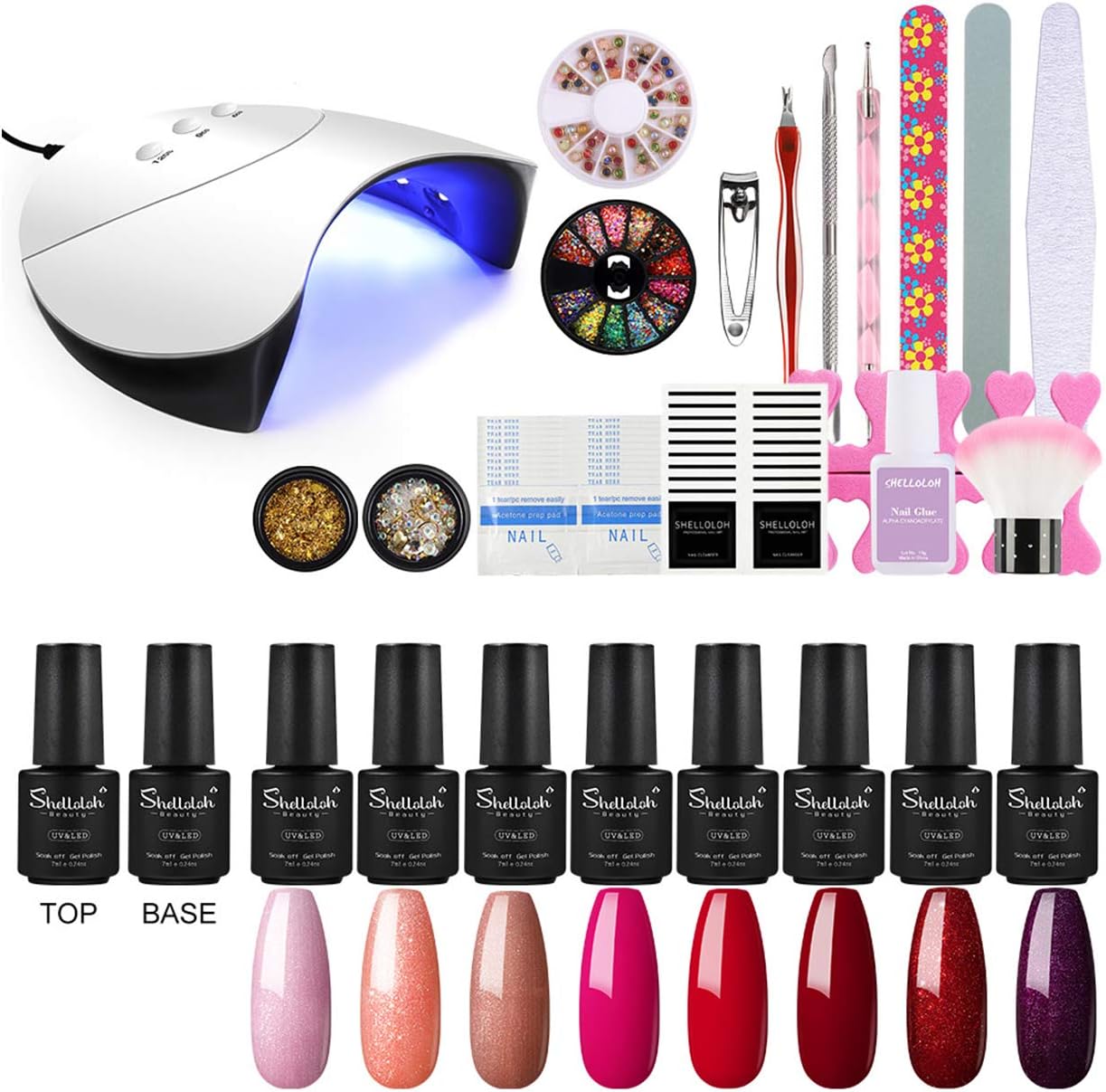 8pcs Gel Nail Polish Kit with UV Light 36W Nail Lamp Base Top Coat Nail Tools Decorations Kits Glitter Pink Nail Polish Nail Art Manicure Kit