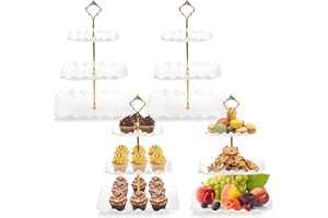 DEAYOU 4 Pack 3 Tier Plastic Cupcake Stand, White Square Dessert Tiered Serving Stand, Cake Pastry Display Tower Tray Platter