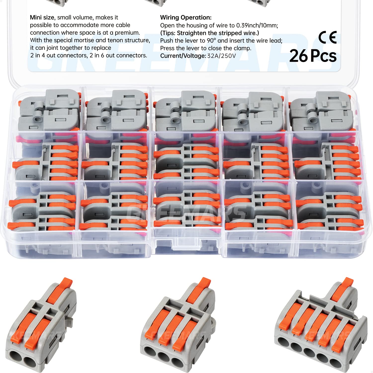 GKEEMARS Lever Wire Connectors - 10Pcs 3 In 6 Out Electrical Terminal Blocks
