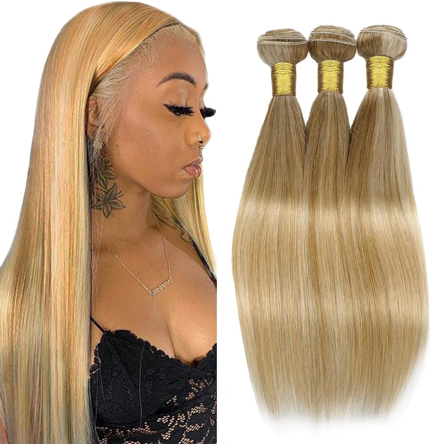 Photo 1 of MLMYBAYEA Highlight Honey Blonde Bundles Human Hair Blonde Straight Bundles 20 22 24 Inch P27/613 Human Hair Bundle Double Machine Weft