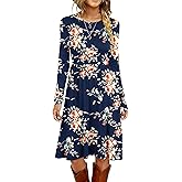 MISFAY Women's Long Sleeve Midi Dress Loose Casual Empire Waist Dresses with Pockets(Rose Navy Blue,M)