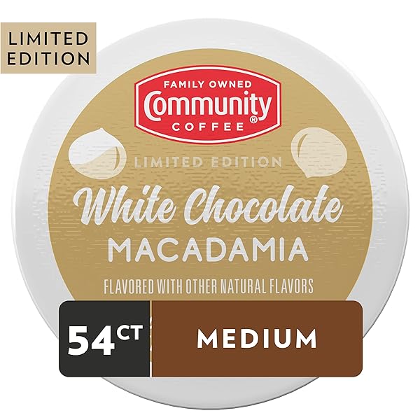 COMMUNITY COFFEE LIMITED EDITION WHITE CHOCOLATE MACADAMIA 54 COUNT FLAVORED COFFEE PODS, MEDIUM ROAST COMPATIBLE WITH KEURIG 2.0 K-CUP BREWERS