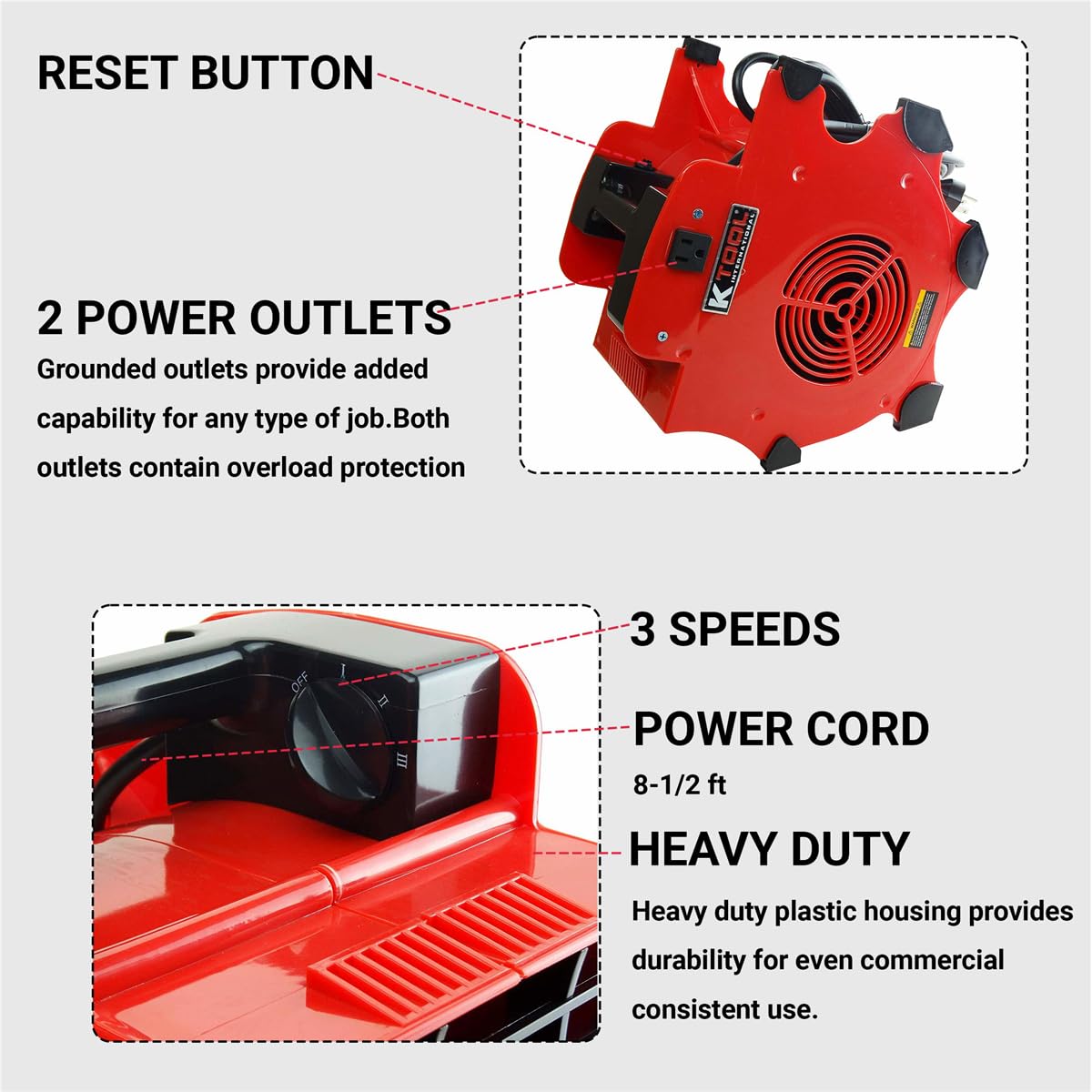 K Tool International 77702 Utility Floor Blower Fan, 300 CFM, 3 Speed Motor, Overload Protection, Impact Resistant ABS, 180 Watt, 110-120V, 60Hz, 12 Amp, 4 Angle Positions, Indoor/Outdoor, Red