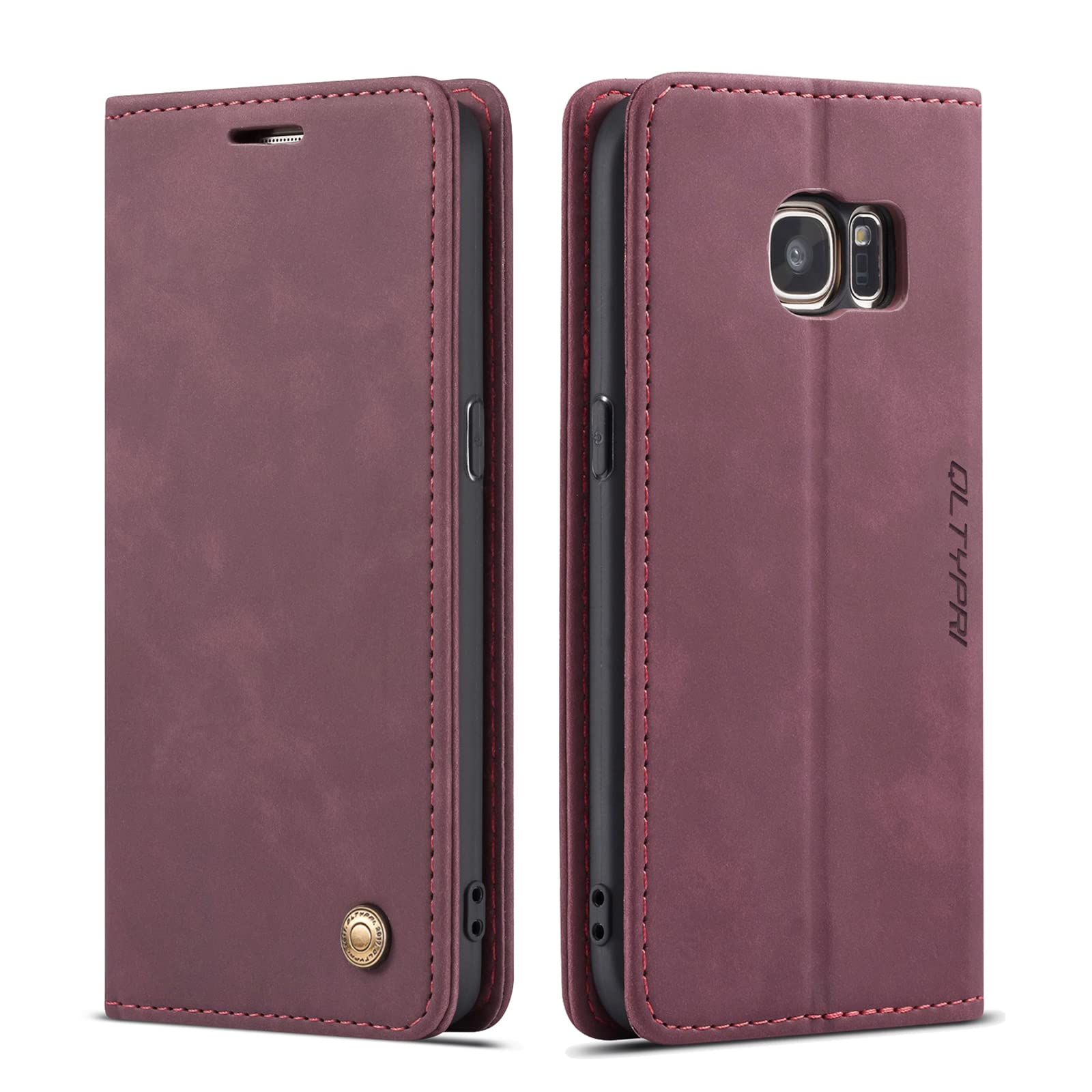 QLTYPRI Case for Samsung Galaxy S7 Edge, Vintage PU Leather Wallet Case Card Slot Kickstand Magnetic Closure Shockproof Flip Folio Case Cover for Samsung Galaxy S7 Edge - Red — image 1