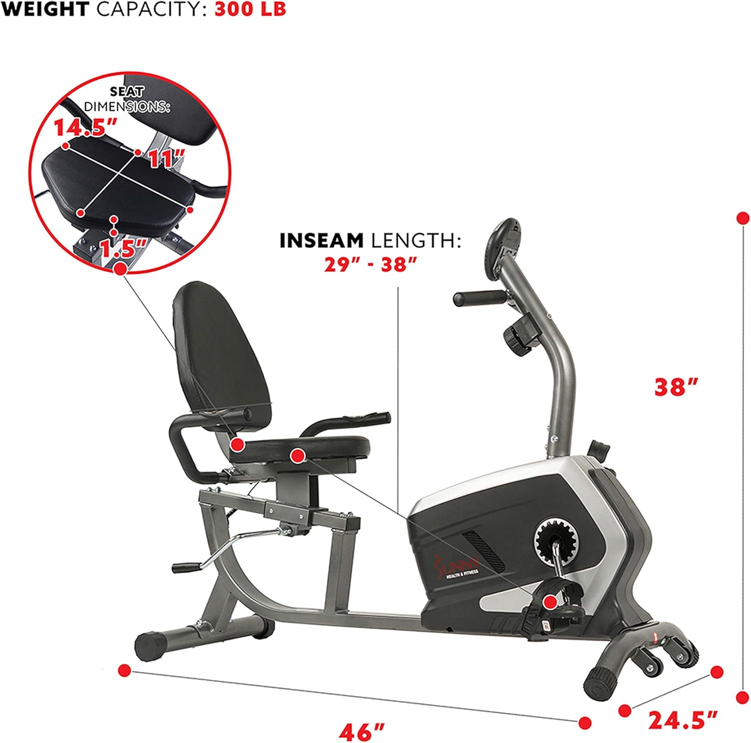Sunny Health & Fitness Magnetic Recumbent Exercise Bike, Pulse Rate Monitoring, 300 lb Capacity, Digital Monitor and Quick Adjustable Seat | SF-RB4616 : Sports & Outdoors