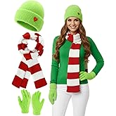 Chicingyou 3 Pcs Christmas Costume Set Lime Green Beanie Hat Santa Knitted Scarf Fuzzy Gloves Fluffy Faux Hat Xmas Accessories for Women Men