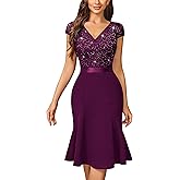 Miusol Women's Elegant V Neck Sequin Glitter Lace Ruffle Style Cocktail Prom Dress