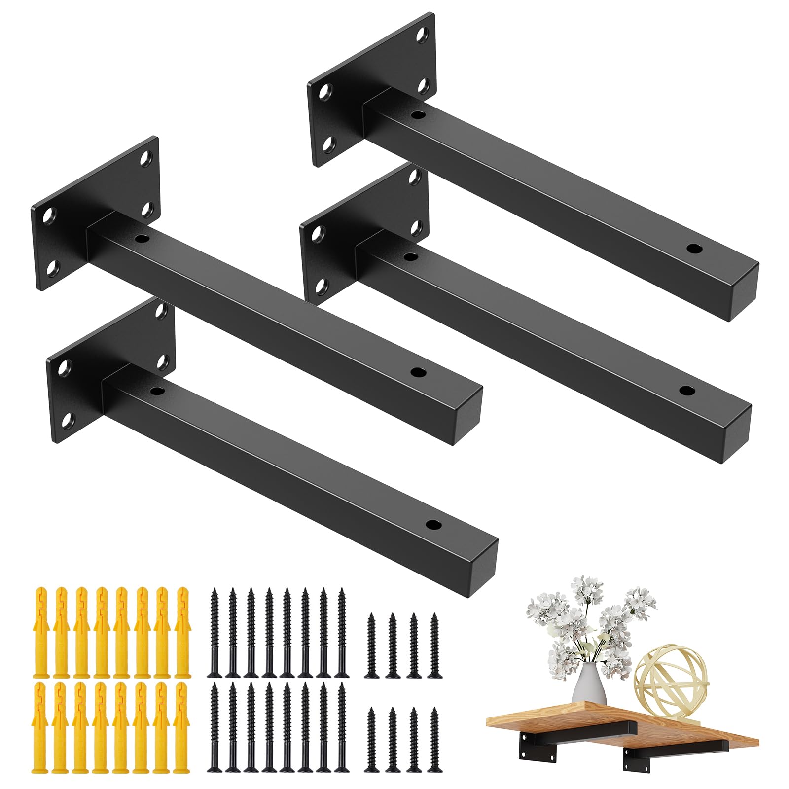 Pack of 4 Wall Brackets, Shelf Brackets, Heavy Duty Brackets, Wall Shelf, Goods Holder, Floating Metal Shelf Brackets, Shelf Holder for Wall Console, Black, Made of Stainless Steel, 60 kg Load — image 1