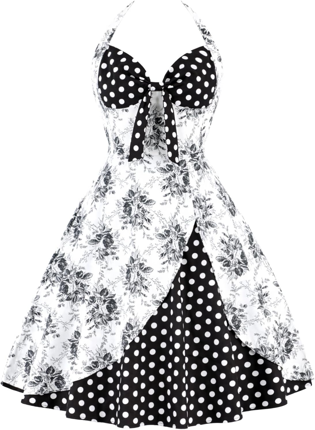 OLADY Women's Vintage 1950s Halter Floral Rockabilly Audrey Cocktail Swing Dress, White, Small