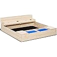 Outsunny Kids Wooden Sandbox w/Two Plastic Boxes Foldable Bench Seat Waterproof Cover Bottom Liner Storage Space