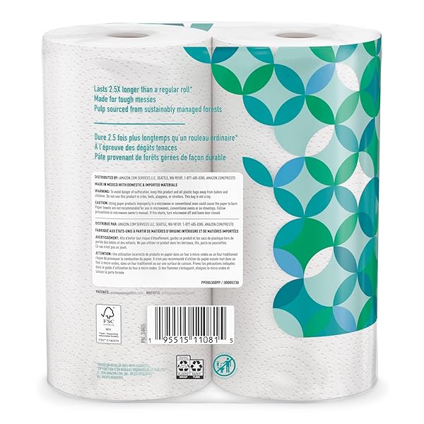 AMAZON BRAND – PRESTO! KITCHEN PAPER TOWELS – FLEX-A-SIZE, 128 SHEET FAMILY ROLL, 2 ROLLS