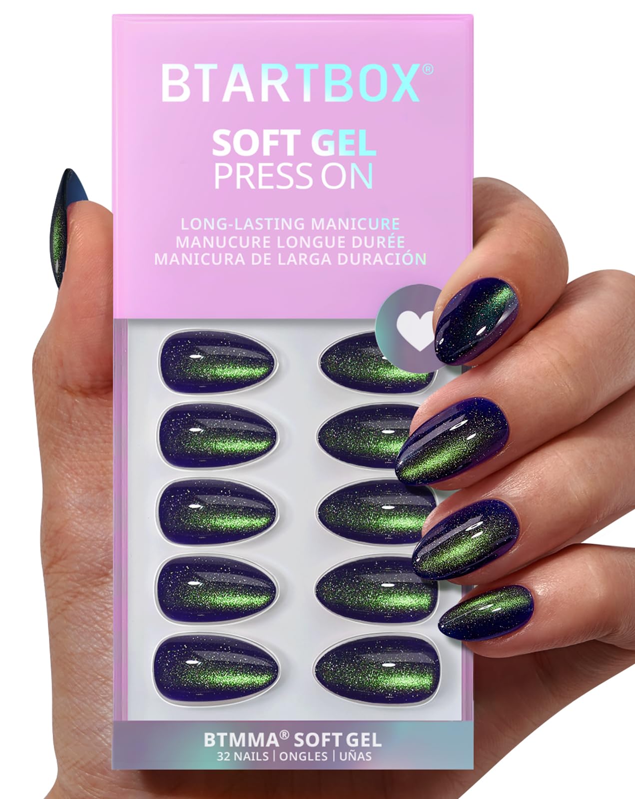 Photo 1 of BTArtbox Press On Nails Short - Witch's Emerald, Sparkle Cat Eye Blue Almond Halloween Press On Nails with Nail Glue for Woman, Soft Gel Glue On Nails in 16 Sizes - 32 Stick On Nails Kit