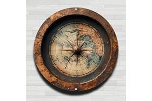 Vintage Compass Rose World Map Vintage Rustic Aluminum Metal Round Wall Sign, 8-inch Indoor Outdoor Gifts And Decor for Home,