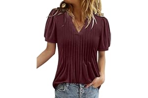 onlypuff Womens V Neck Pleated Tunic Tops Short Sleeve T-Shirt Summer Blouse Shirts S-3XL