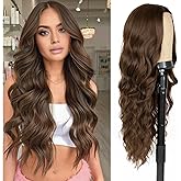 Long Chocolate Brown Wigs for Women,26 inch Lace Hairline Middle Part Long Curly Wig Heat Resistant Synthetic Hair Looking Natural, Fiber Wig for Daily Party Use
