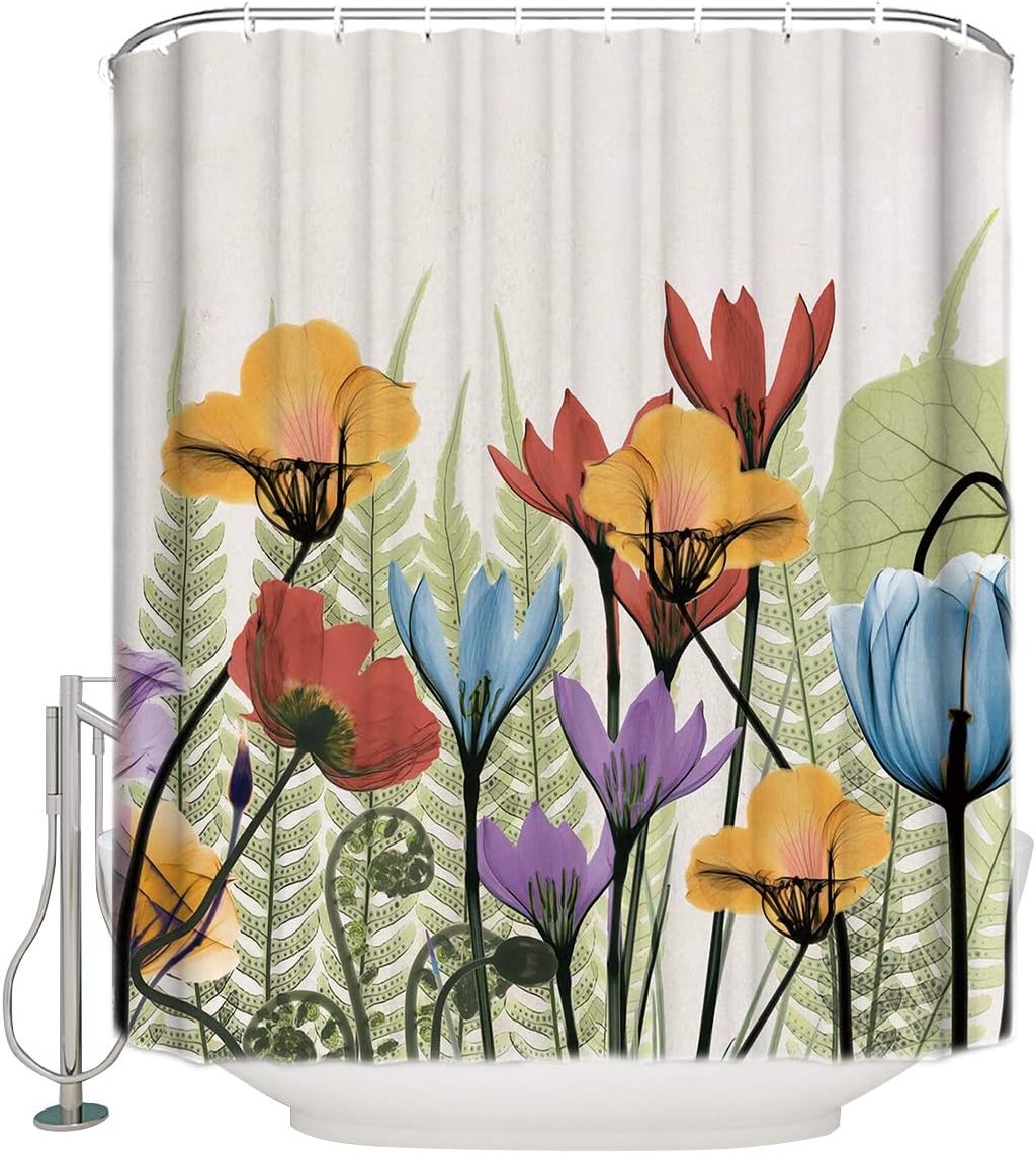 ALAGO Floral Pattern Shower Curtain Set with Hooks, Colorful Tulip Flower Waterproof Fabric Bath Curtains Decoration Bathroom Standard Size 72x72inch