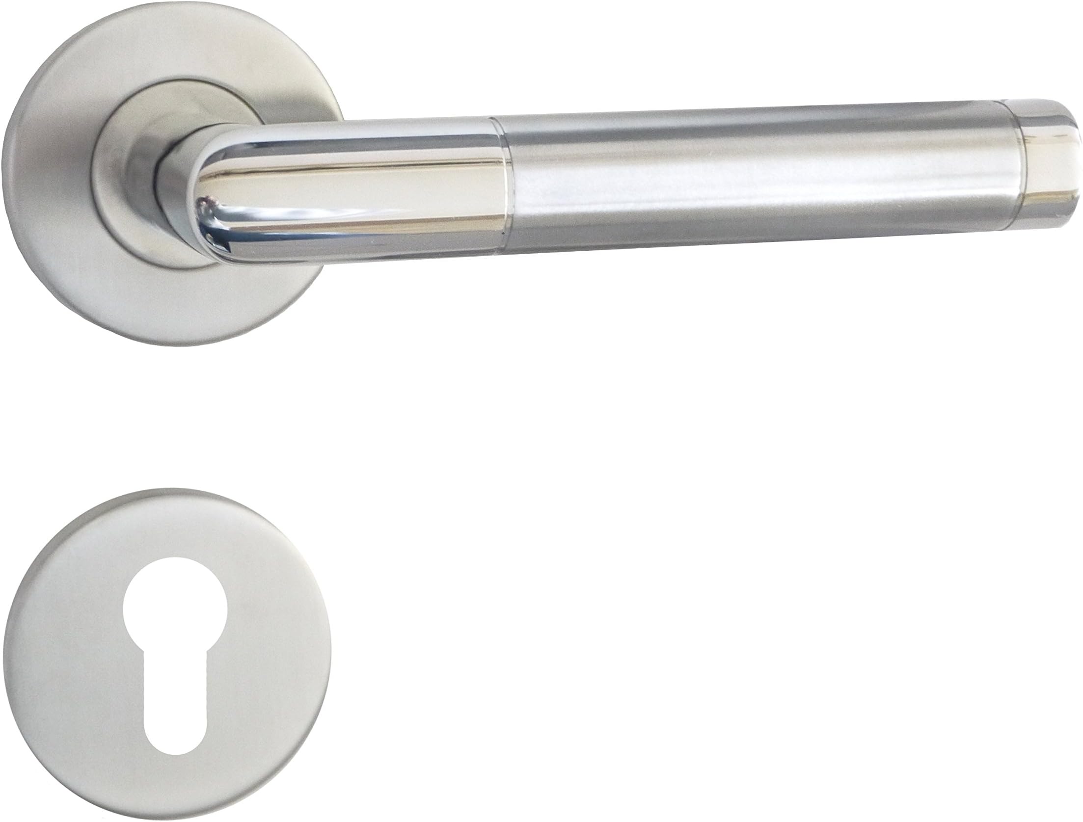 High Quality Emilia Stainless Steel Satin + Polished Door Handle Lever on Rose with Euro Profile Escutcheons Handle Sets - with Hold Up Spring - Strong/Rotatable Mounted - Door Handles on Round Rose