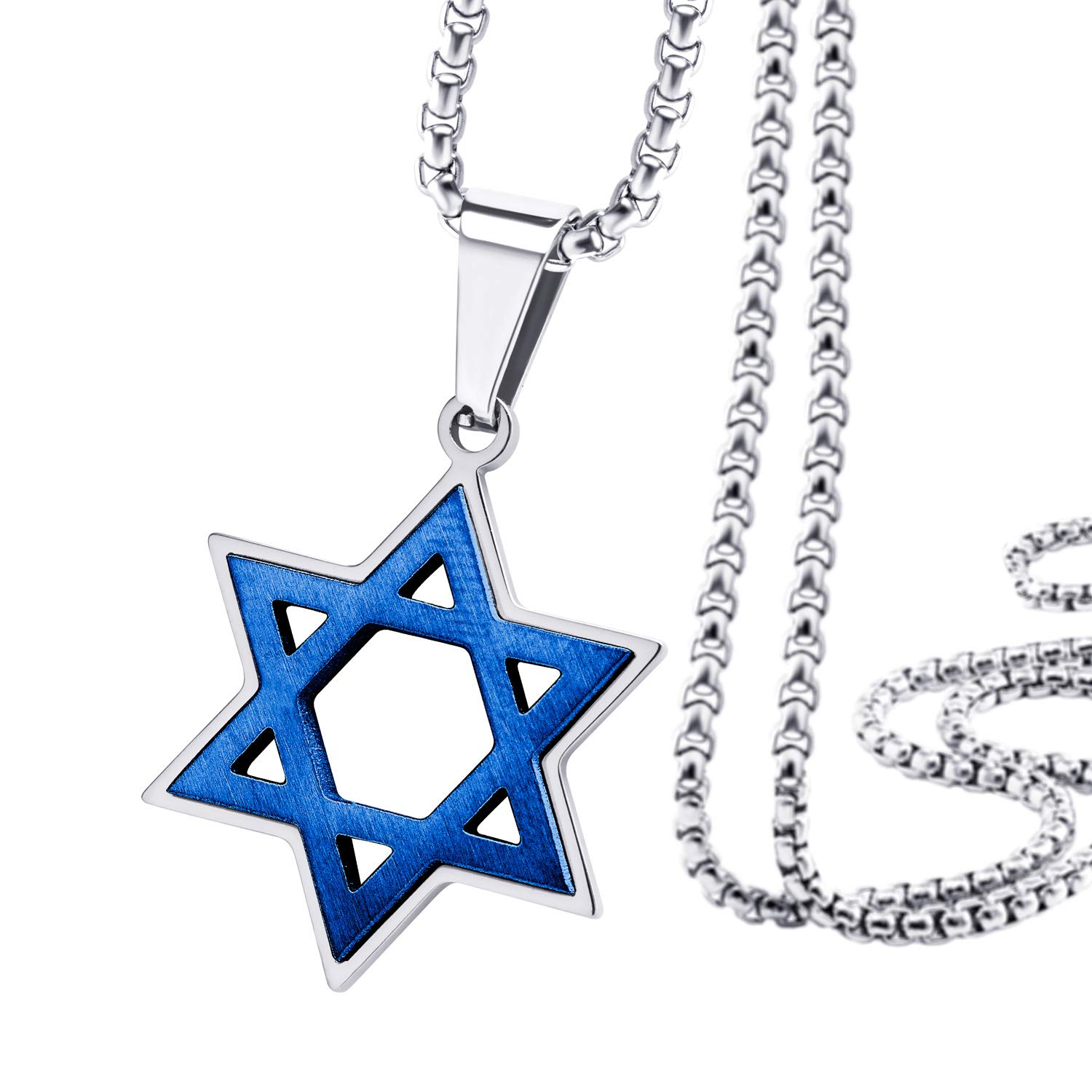 555Jewelry Stainless Steel Star of David Necklace for Men, Box Chain Star Of David Necklace for Women, Small Jewish Star Necklace, Mens Jewish Star Necklace, 20 Inch, Silver & Blue