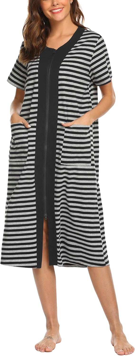 Ekouaer Zipper Front Housecoat Short Sleeve & Half Sleeve Zip Nightgown