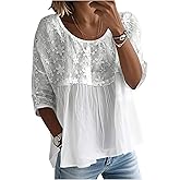 GORGLITTER Women's Embroidered Boho Babydoll Tops Floral 3/4 Sleeve Peplum Blouses Fall Fashion 2025