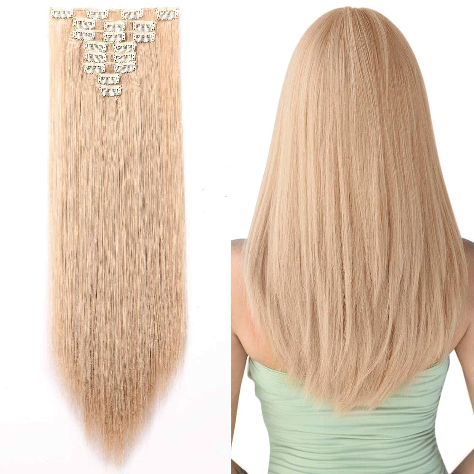 Silk-co Hairpiece Extensions Clip in Hair Extension Long Straight 8 Pcs Full Head 18 Clips Synthetic Heat Resistant [23" Dark Blond&Bleach Blond] — image 1