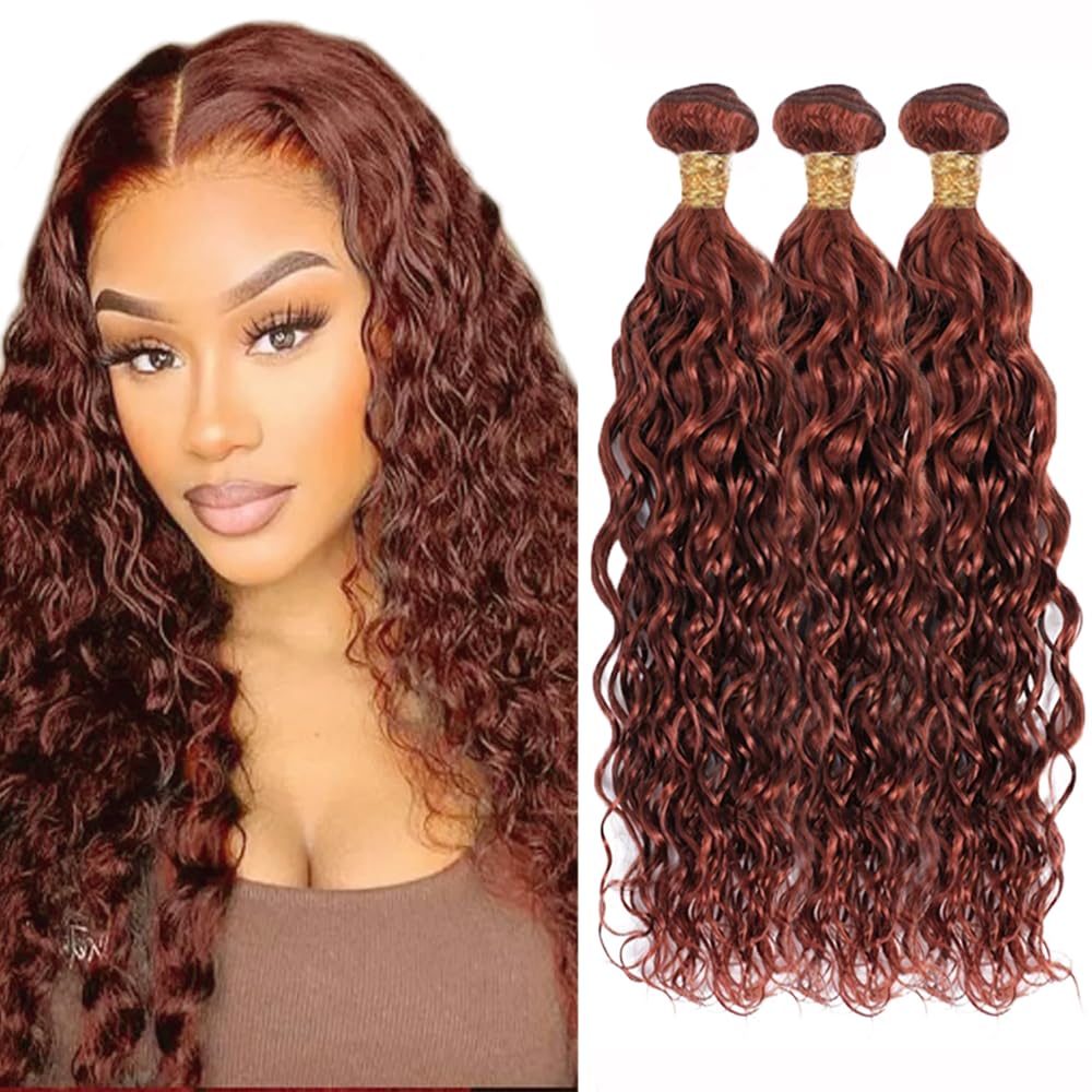 Photo 1 of #33 Reddish Brown Bundles Human Hair Water Wave Bundles 22 24 26 Inch Unprocessed Brazilian Virgin Hair Copper Red Water Wave 3 Bundle Human Hair Extensions 50 Gram Per Bundle