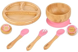 TATA AMG® Bamboo Suction Plate & Bowl with Fork and 2 Spoons | Divided Wooden Feeding Dish for Toddlers | BPA-Free Baby Led Weaning (BLW) Utensil Set