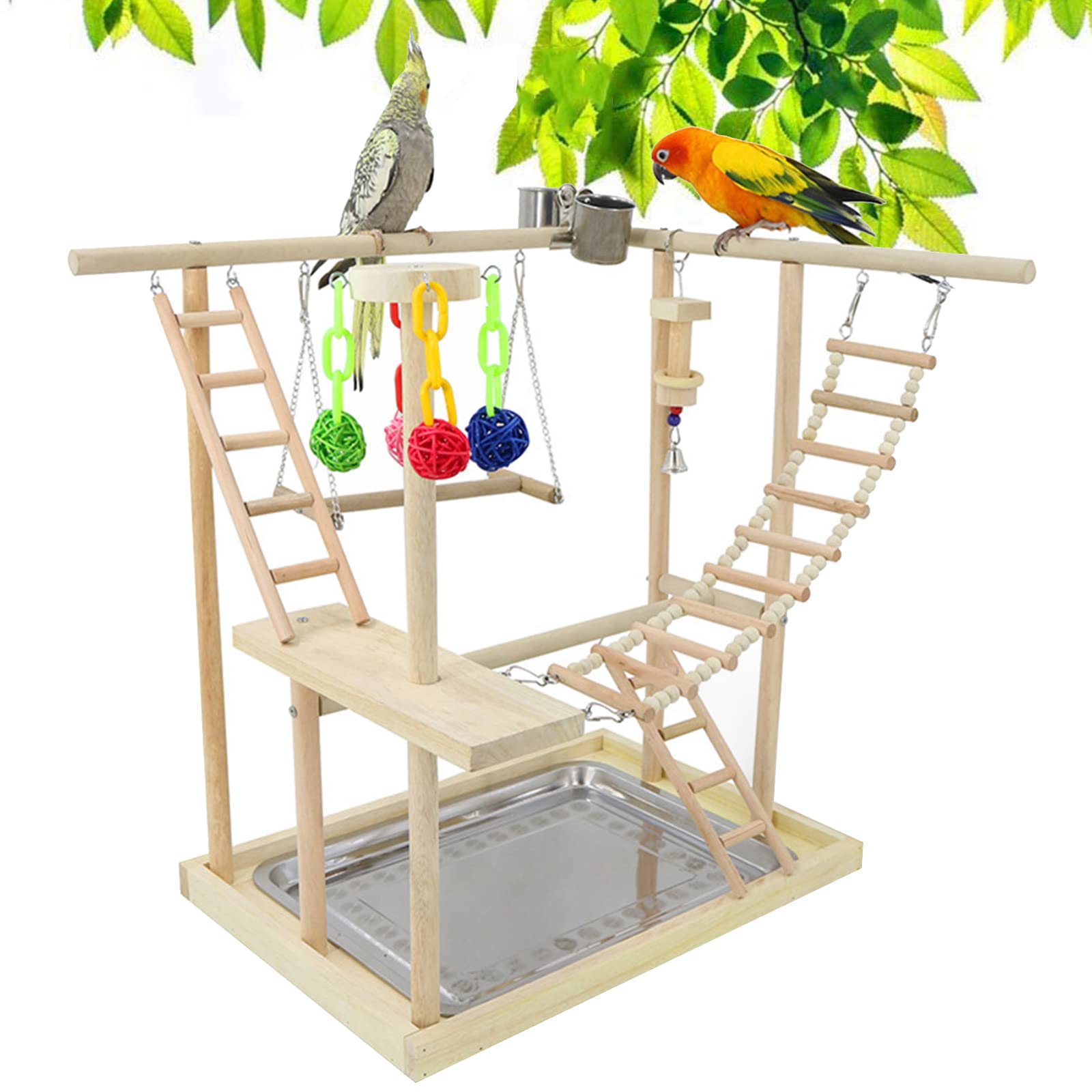 RoseFlower Parrots Bird Playground Birdcage Playstand Wooden Bird Play Stand with 2 Stainless Steel Feeder Cup Swing Perch Play Gym Playpen Ladder Bird Toys, Bird Table Stand for Parakeet Birds (A6)
