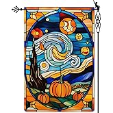 Jauageon Fall Pumpkins Garden Flag Autumn Starry Night Garden Flag Stained Glass Style Vertical Double Sided Rustic Farmland Burlap Yard Lawn Outdoor Decor 12.5x18"