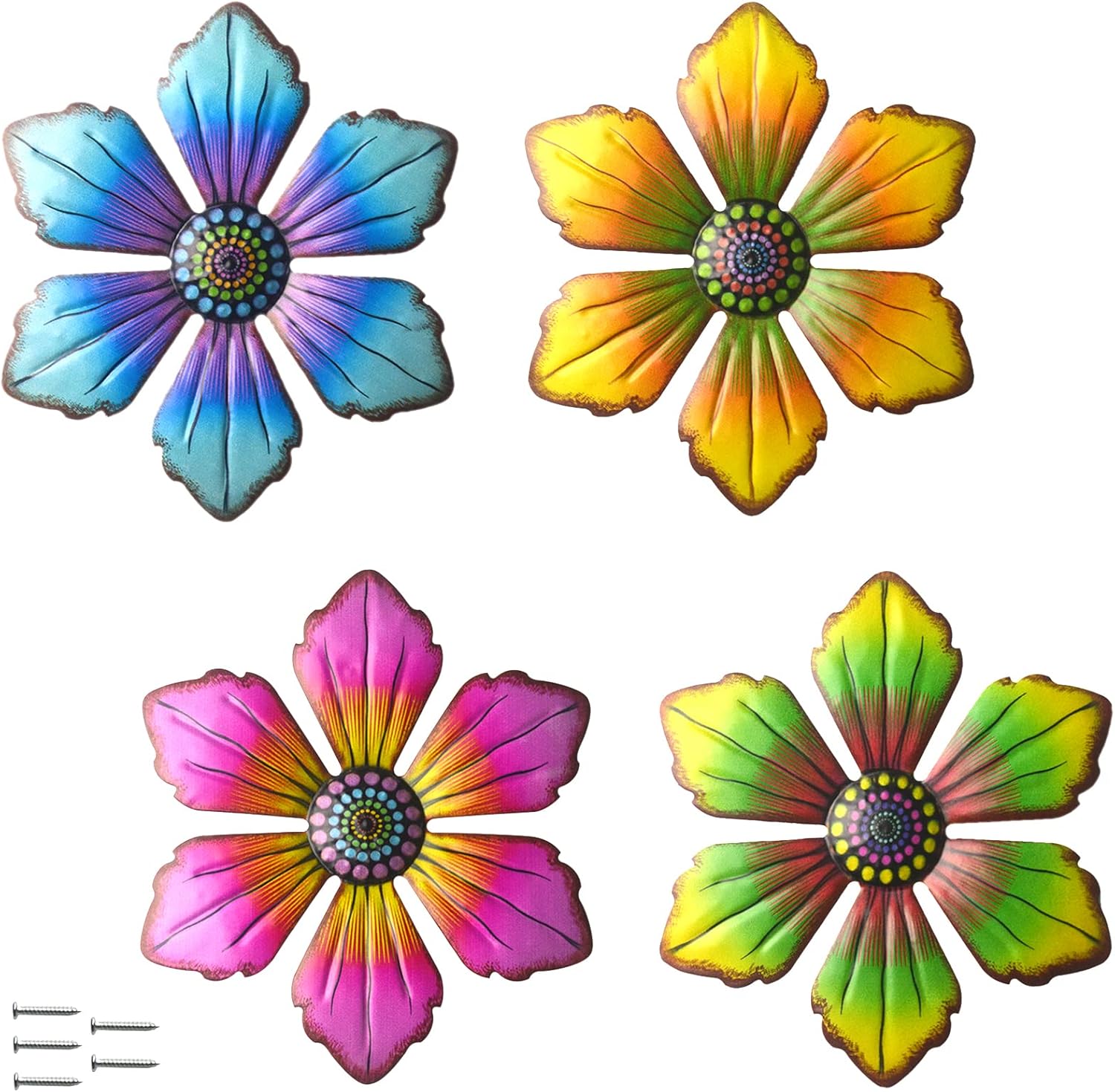 Plaques & Wall Art - Gooyule Metal Flower Decor, 4-Pack Metal Floral Wall Decor 7 * 6.3 in Colorful Flower Wall Art Indoor Outdoor Hanging Wall Decor Set for Home Office Garden Yard