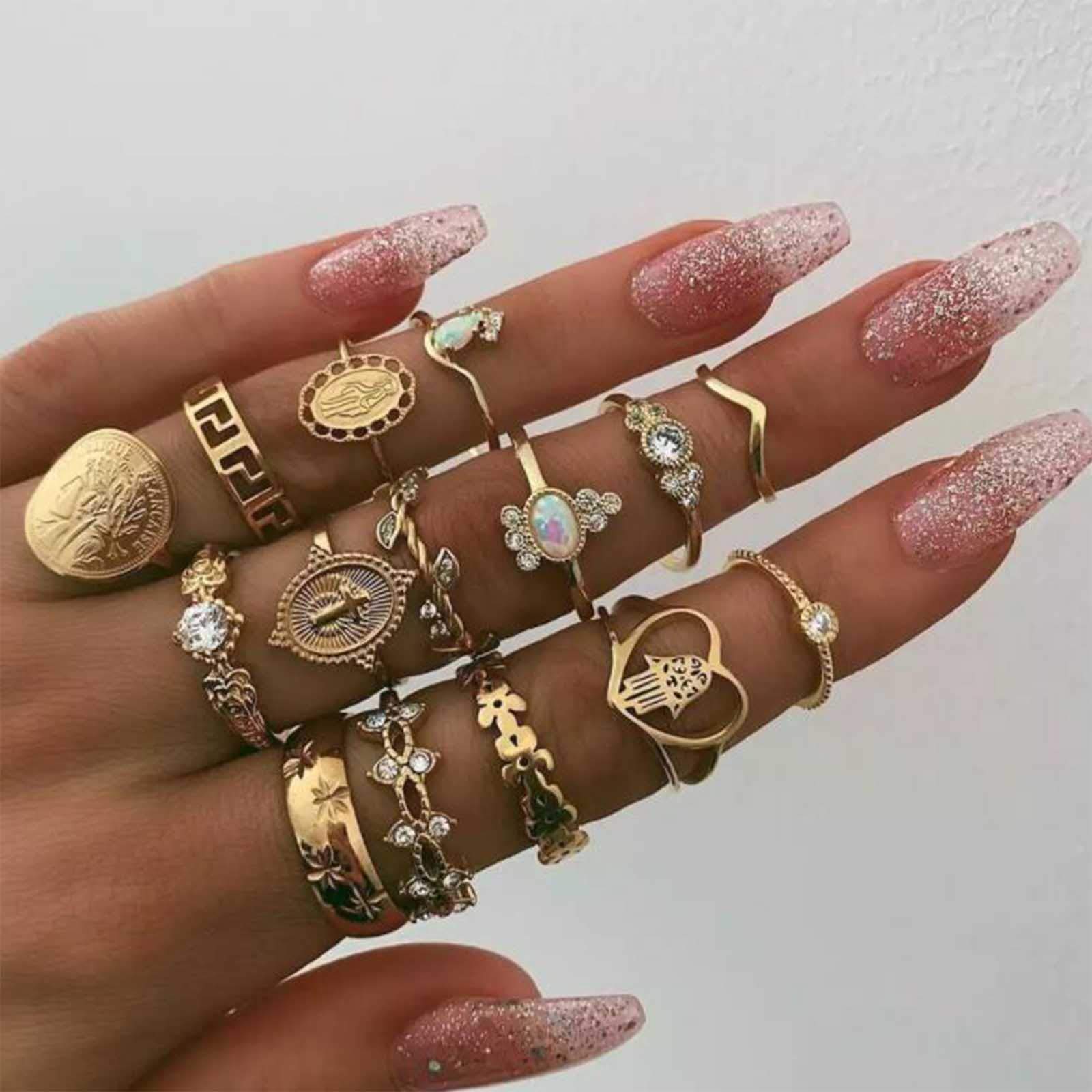 TseenYi Boho Knuckle Rings Gold Crystal Joint Knuckle Rings Hollow Stackable Joint Rings Set Vintage Midi Finger Rings for Women and Girls (Gold 1)