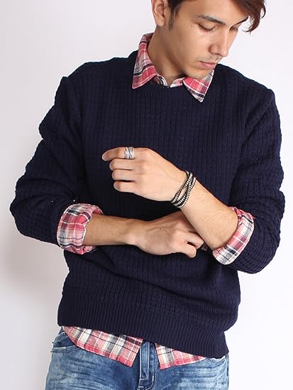 Amazon ネイビー L セーター メンズ ラーベン 編み クルーネック ニットintheattic トップス 暖かい 着心地 良い 保温 リブ チクチクしない 無地 カラー 白 ホワイト 黒 ブラック グレー 紺色 ネイビー セーター 通販