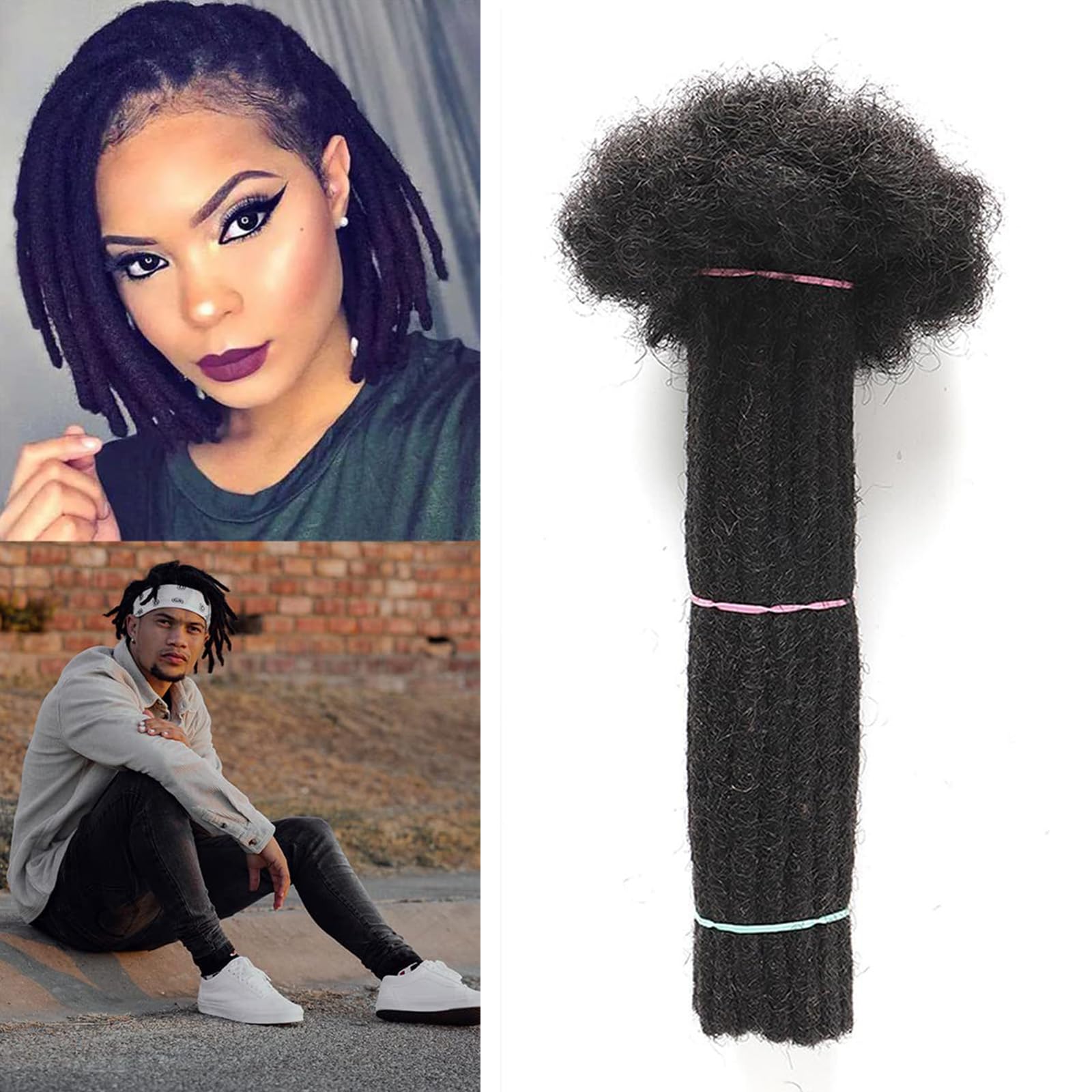 Alaleibaby 0.6cm Thickness 6 Inch 60Strands Real Human Hair Dreadlock Extensions for Man/Women Full Head Handmade Permanent loc Extensions Bundles Can Be Dyed Bleached Curled and Twisted — image 1