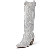 MUCCCUTE Women's Rhinestone Mid Calf Boots Sparkly Block Heel Cowboy Boots Glitter Boots