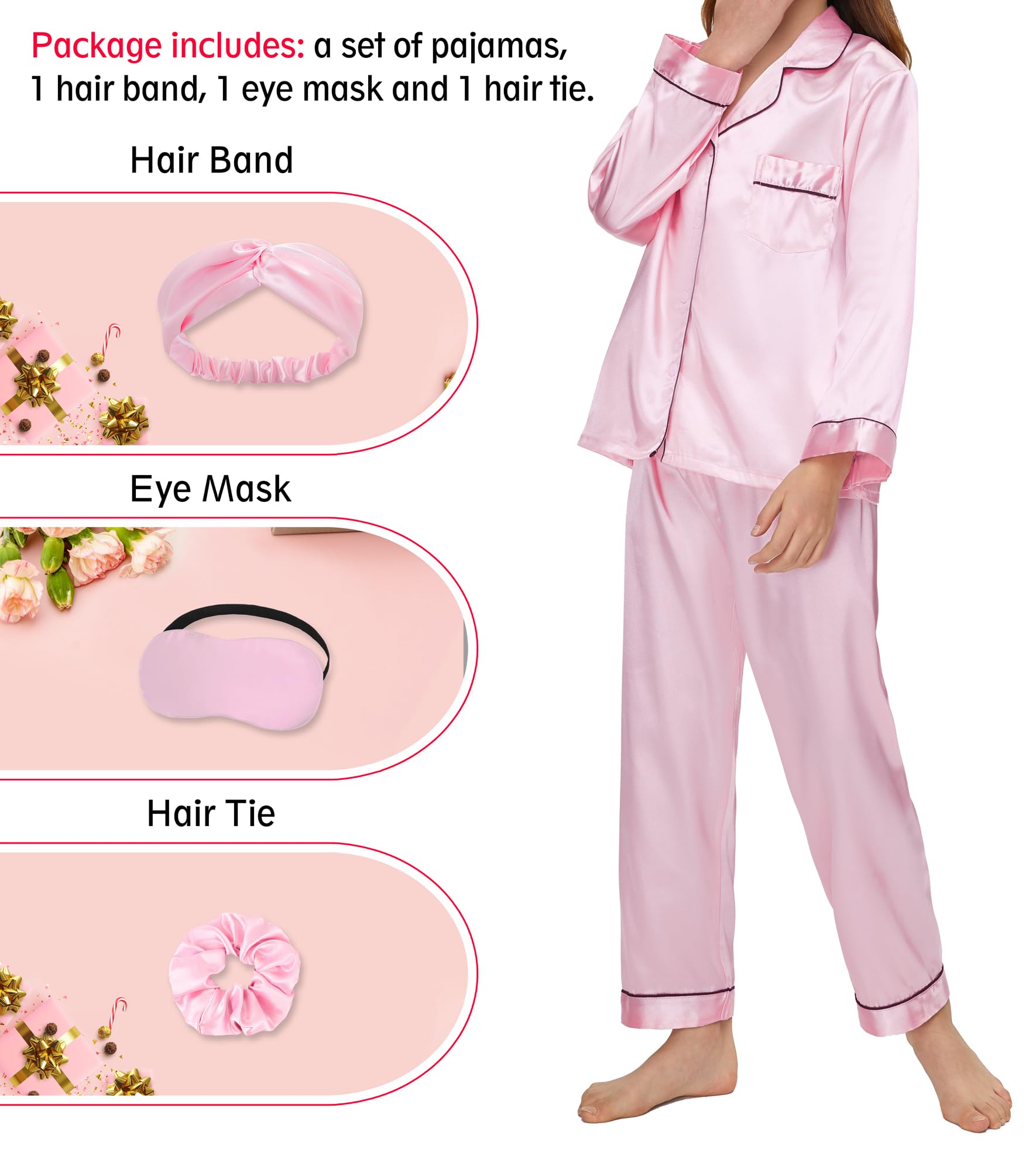 EPLAZA Kids Satin Pajamas Sets Girls Boys Button-Down Silky Pajamas Sleepwear with Hairband Eye Mask Hair Tie