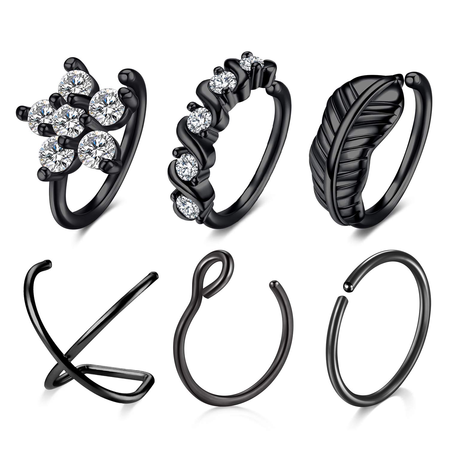 VFUN Nose Ring Stainless Steel CZ Leaf Nose Hoop Piercing Nostril Piercing Daith Helix Earring for Women Nose Rings Jewellery 6PCS - Black