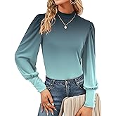 Qirno Womens Mock Neck Puff Long Sleeve Tops Casual Loose Solid Basic T Shirt Button Cuffs Pullovers Shirts Blouse