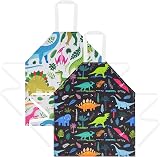 HOTUT 2 Pcs Kids Aprons Adjustable Halter Neck Dinosaur Print Green Black
