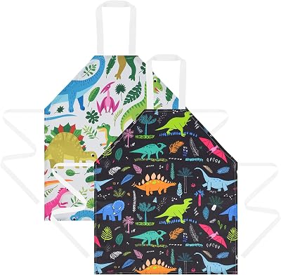 HOTUT 2 Pcs Kids Aprons Adjustable Halter Neck Dinosaur Print Green Black