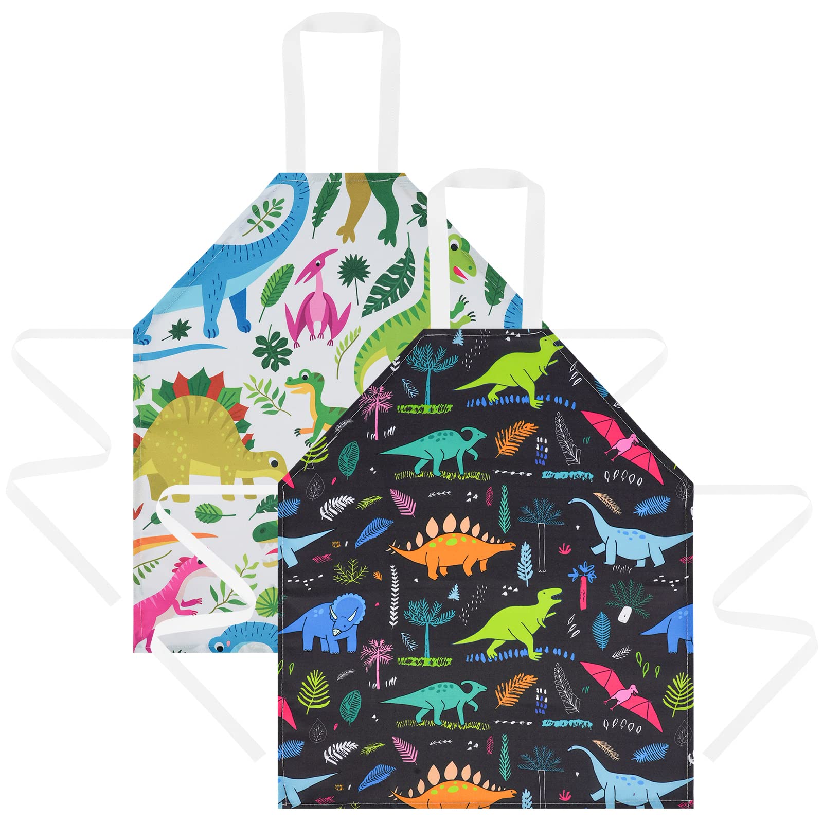 HOTUT 2 Pcs Kids Aprons, Cartoon Style Adjustable Child Chef Aprons, Dinosaur Print Children's Apron for Kids Toddler Painting Baking Artist (Green, Black)