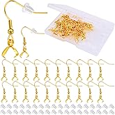 Aylifu 50pcs Stainless Steel Pendant Clasp Earring Hooks Hypoallergenic Ear Wire Buckle Earrings with 50pcs Clear Earring Backs and a Box for DIY Jewelry Making Findings