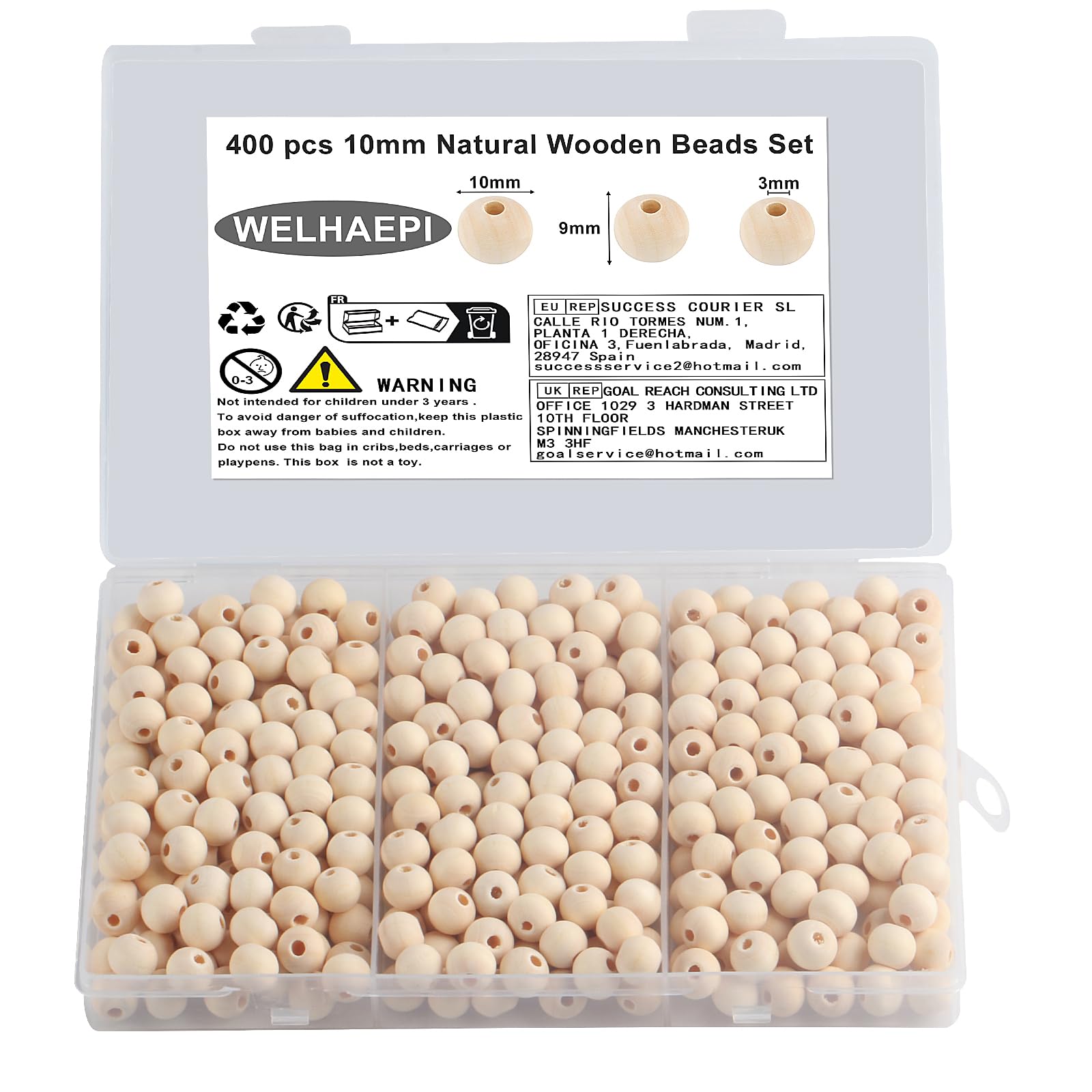 WELHAEPI 400 Pcs Natural Round Wooden Beads Set, DIY Craft Making, Jewelry, Decorative Beads (10mm)