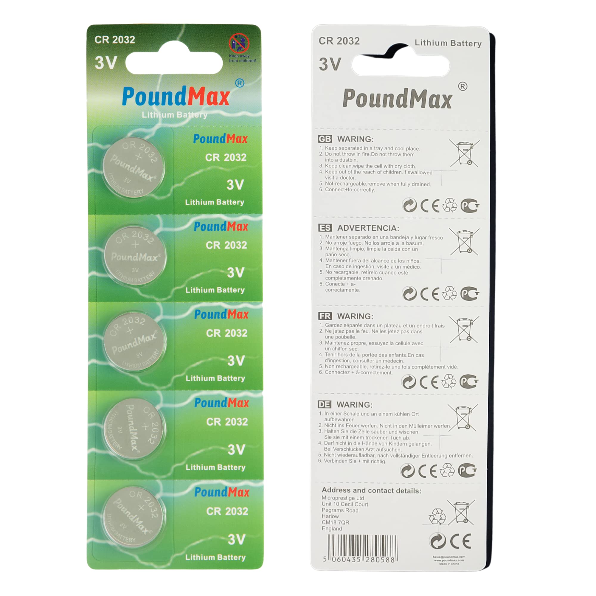 PoundMax CR2032 Lithium Coin Cell Battery, Compatible with AirTag, 3V Long-Lasting Reliable Power for Watches, Calculators, Electronic Toys - Leak-Proof BR2032 DL2032 EA2032 ECR2032 KCR2032 (5 Pack)