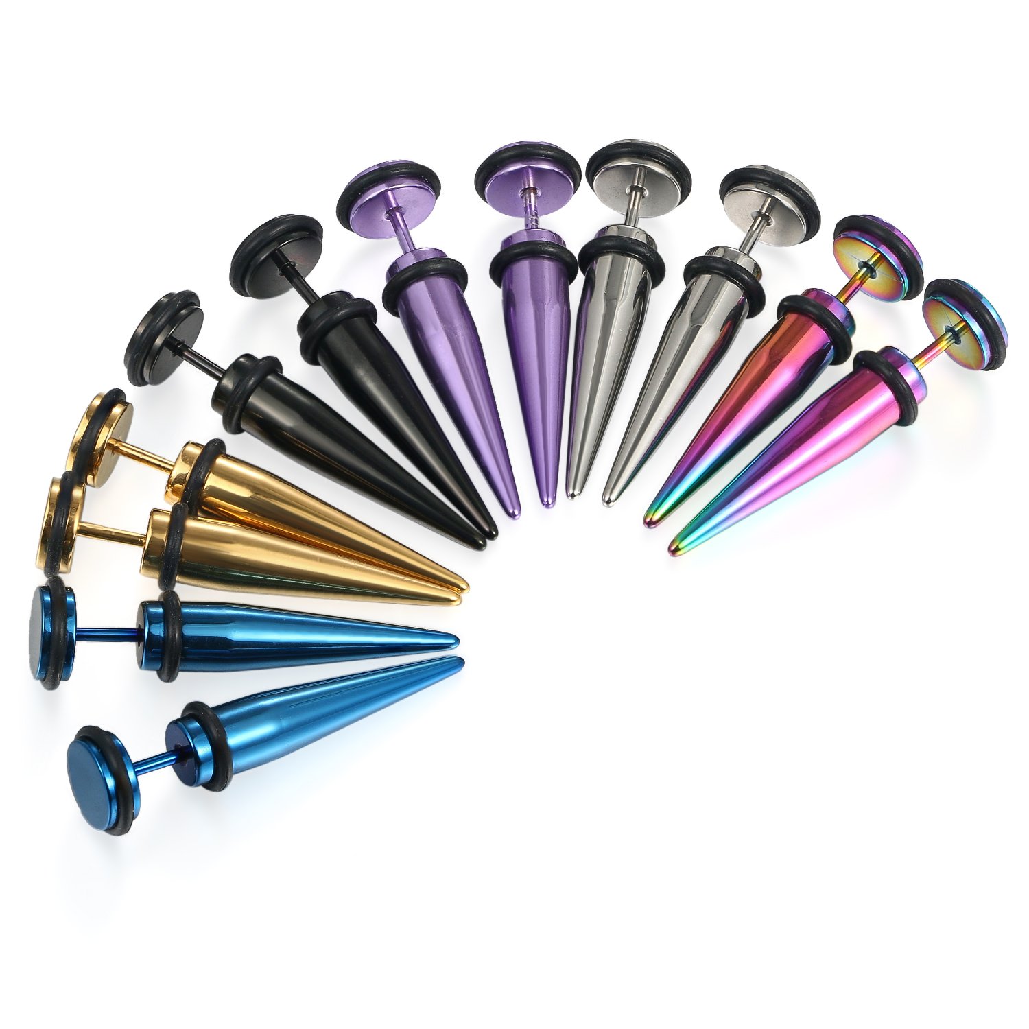 Cupimatch 6 Pairs 16G Stainless Steel Taper with O ring Stud Earring Illusion Fake Gauge Ear Plug Piercing Earrings Sets 8mm (8mm)