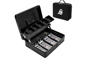 ZYNKORA Locking Cash Box with Carry Bag, Metal Money Box with Money Tray, Durable Lock Safe Box with Key, 4 Bill 5 Coin Slots,Cantilever Design, Large Cash Boxes, Money Saving Organizer