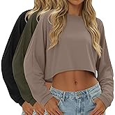 Evervibe 3 Pack Women's Lantern Long Sleeve Oversized Crop Tops Crew Neck Loose Pullover Sweatshirts Casual Workout Shirts(Black, Army Green, Khaki,XX-Large)