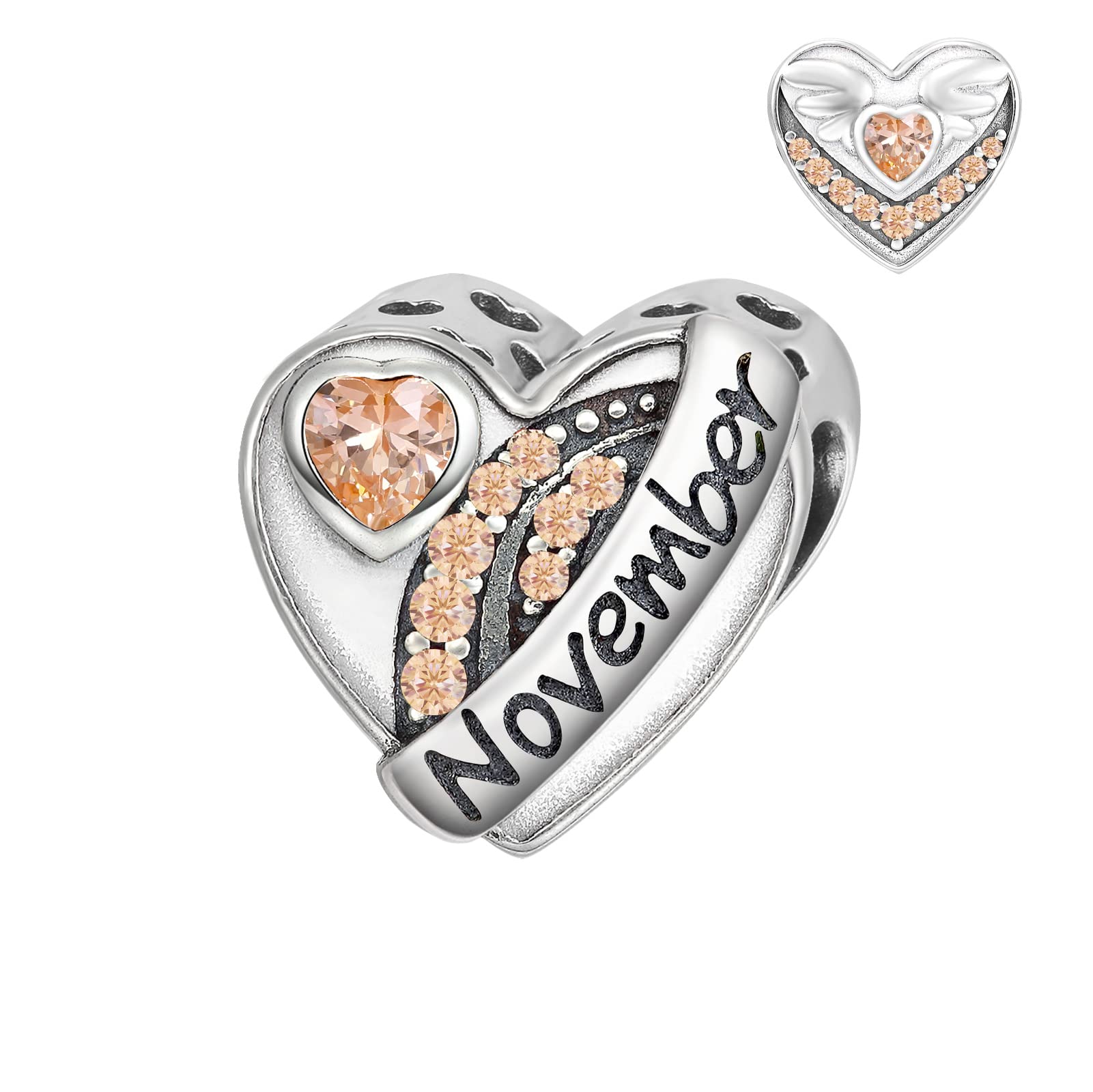 Qings November Birthstone Charms for Bracelet Sterling Silver 925 Love Heart Citrine Birth Stone Angle Wing Cubic Zirconia Bead Charm Fit for Bracelets Necklace Christmas Jewellery Gifts for Women