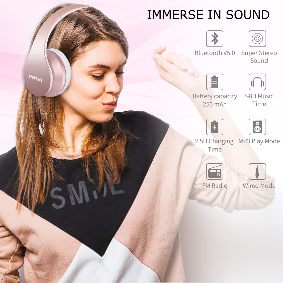 LOBKIN Bluetooth Kopfhörer, Over Ear Faltbare Headsets, Kabellos Stereo Kopfhörer mit Integriertem Mikrofon, TF/SD-Karte, FM Radio für iPhone, Android und PC